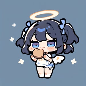  chibi, masterpiece, best quality, solo, 1girl, angel, (black hair), long curly hair, (two side up),blue eyes, (two blue ribbons on her hair), ((Double golden halo on her head)), choker, ((angel wings)), full body, cute smile, best smile, open mouth, Wearing white T-shirt, short pants, eating, simple background,masterpiece,Chibi anime,doodle,cute comic,watercolor