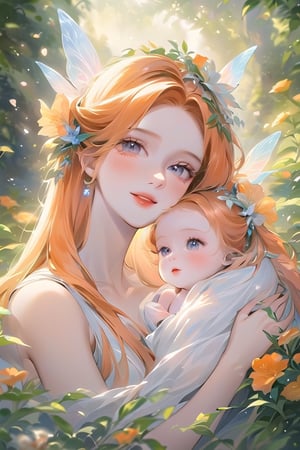 Style by NTY, ((1girl) (1 baby boy )), (beautiful girl smiles, young beautiful woman with baby boy, mom hugs baby boy, mom fairy, baby fairy, fairy fairy wings, fantasy, ((Watercolor drawing by Thomas Moran)), beautiful eyes, high detail, clear face, light falls on her face, fairy-tale world, wildflowers, sunny day, voluminous lighting, vintage, soft morning light, sunlight glinting on her skin), beautiful eyes, high detail, ((clear face)), light falls on her face, (icinematic, inner glowing shining, transparent body, beautiful detailed eyes, beautiful detailed lips, long eyelashes, soft flowing orange hair with foliage and flowers, soft ambient lighting, sublime beauty, sublime beauty, gentle mist, impeccable composition, vivid colors, luminous glow, fantasy element, mysterious charm, dreamlike quality, hauntingly beautiful, serene atmosphere, enchanting allure, cinematic), beautiful view, motion blur, brushstrokes, concept art, beautiful, masterpiece, 8k, fractral neon, soft style, soft background, soft blurry brushstroke, airbrushing, pastel painting, eye contact, LED star, K-Eyes, NIJI STYLE,r0b0cap