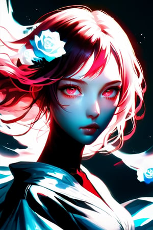 Final fantasy, realistic, minimalist style, ghostly beauty, beautiful girl, bank hair with red, pink eyes, floating