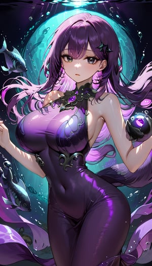 mermaid, charming, beautiful girl, purple hair, shiny black eyes, big busts, purple dress, with black fish around her