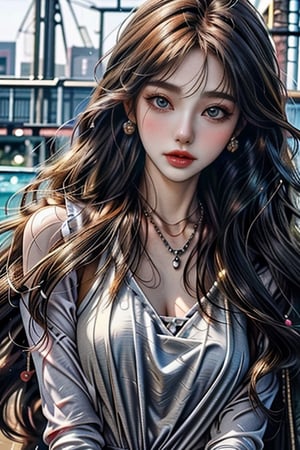 masutepiece, best quality, ultra-detailed, fine, high resolution, 8K wallpaper, perfect dynamic composition, natural color lips, (wearing European style, luxury necklace: 1.3), (long hair: 1.3), long hair blown by the wind, 20 years, cowboy_shot, bathing in the sunset, a horse,z1l4