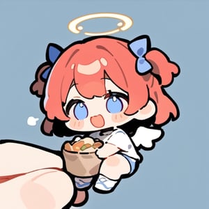  chibi, masterpiece, best quality, solo, 1girl, angel, (red  hair), long curly hair, (two side up),blue eyes, (two blue ribbons on her hair), ((Double golden halo on her head)), choker, ((angel wings)), full body, cute smile, best smile, open mouth, Wearing white T-shirt, short pants, eating, simple background,masterpiece,Chibi anime,doodle,cute comic,watercolor