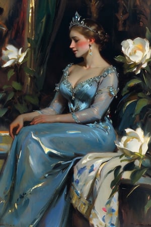 a 15 year old girl in a Light Blue colored quinceanera dress, with crystal earrings and a diamond tiara, sitting in a flower garden, masterpiece, oil painting, classic painting