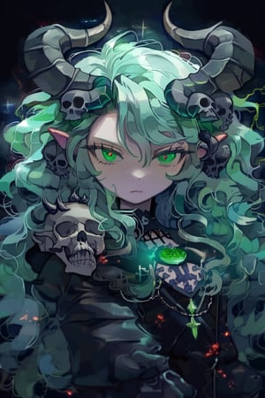 z1l4, albedo \(overlord\), schpicy style, HSOL, perfect, demon girl, two horns on her head, gothic girl with green and wavy hair, green eyes, gothic outfit, a skull on her shoulder