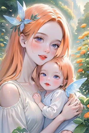 Style by NTY, ((1girl) (1 baby boy )), (beautiful girl smiles, young beautiful woman with baby boy, mom hugs baby boy, mom fairy, baby fairy, fairy fairy wings, fantasy, ((Watercolor drawing by Thomas Moran)), beautiful eyes, high detail, clear face, light falls on her face, fairy-tale world, wildflowers, sunny day, voluminous lighting, vintage, soft morning light, sunlight glinting on her skin), beautiful eyes, high detail, ((clear face)), light falls on her face, (icinematic, inner glowing shining, transparent body, beautiful detailed eyes, beautiful detailed lips, long eyelashes, soft flowing orange hair with foliage and flowers, soft ambient lighting, sublime beauty, sublime beauty, gentle mist, impeccable composition, vivid colors, luminous glow, fantasy element, mysterious charm, dreamlike quality, hauntingly beautiful, serene atmosphere, enchanting allure, cinematic), beautiful view, motion blur, brushstrokes, concept art, beautiful, masterpiece, 8k, fractral neon, soft style, soft background, soft blurry brushstroke, airbrushing, pastel painting, eye contact, LED star, K-Eyes, NIJI STYLE,r0b0cap