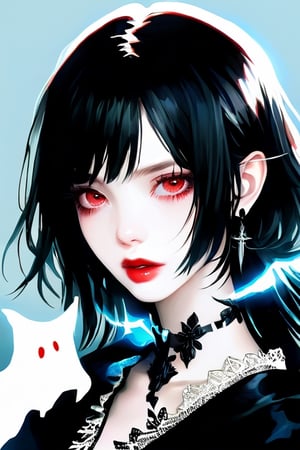 Final fantasy, realistic, minimalist style, ghostly beauty, beautiful girl, black hair, bright red eyes, red lips, pale skin,emo