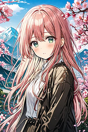 1 girl, official art, production art, novel illustration, {{{{high resolution}}}}, masterpiece, dramatic angle, {{{{highly detailed}}}}, {{beautiful eyes;tareme}}, {{long detailed hair}}}}, {{shirt, skirt, jacket}}, blush, cherry_blossoms, cloudy sky, mountain,