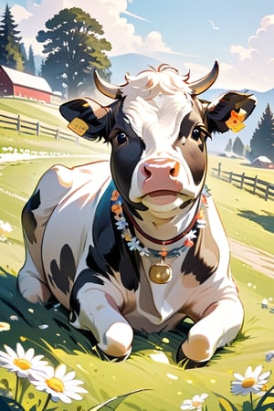a little cow, chubby, with a flower necklace, eating grass, with a farm in the background