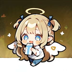  chibi, masterpiece, best quality, solo, 1girl, angel, (
brown hair), long curly hair, (two side up),blue eyes, (two blue ribbons on her hair), ((Double golden halo on her head)), choker, ((angel wings)), full body, cute smile, best smile, open mouth, Wearing white T-shirt, short pants, eating, simple background,masterpiece,Chibi anime,doodle,cute comic,watercolor,marcilledonato