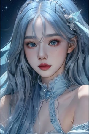 light blue hair, 1 girl, accessories, intricate background, fantasy, mythical, mysterious, masterpiece, best quality, dynamic angle, cinematic composition, aespawinter, 1 girl, z1l4