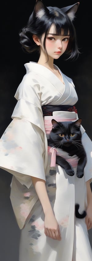 (full-length portrait of a Japanese girl, shiny black hair, cat ears), (pure white kimono:1.6), (black, cat print:1.5), more detail XL
