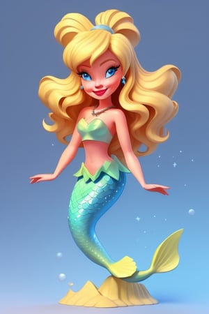 solo, long hair, smile, blue eyes, blonde hair, simple background, white background, navel, jewelry, midriff, necklace, makeup, tiara, lipstick, Caucasian, mermaid, shell, Barbie in a mermaid tale 3d cartoon animation 