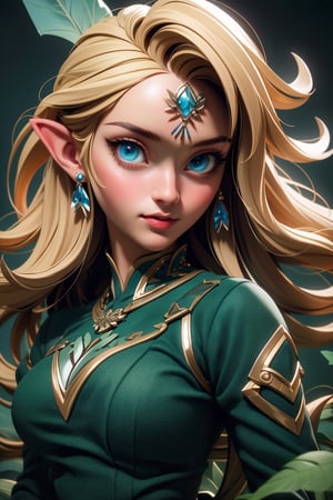 (Masterpiece: 1.5), (Best Quality: 1.5), High Resolution, Highly Detailed, 3DMM,1 Girl, Solo,  blue eyes, long blonde hair, natural skin ,  , looking at viewer, green leaf dress,  breasts,  fantasy background, (perfect face:1.1), perfect eyes,  pixie pointy ear, Perfect Face,  , ,3DMM