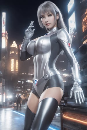 1girl,ultraman,bodysuit,looking at viewer,full body,mecha,glowing eyes,science fiction,,large breasts,open clothes,long legs,((silver overknee tight highheels boots)),(( long silver gloves)),((silver gloves cover all fingers))