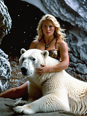 In a cave on the snowy mountain wall, Jane, a 28-year-old, graceful and plump female barbarian warrior, was sitting on the ground wearing an animal hair top and short skirt. Jane petted a huge white polar bear. The wooden fire lit in the darkness reflected Jane's charming figure, but also faintly revealed her evil nature.,FilmGirl,more detail XL,scenery,Extremely Realistic