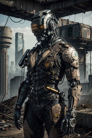 full body shot, A Brown Labrador navigates through a desolate post-apocalyptic landscape alongside a heavily armored humanoidst, The vast old City in ruins, and abandoned cars, captures the Labrador's determination amidst a world in decaym The Labrador's fur is depicted in rich browns and golds, contrasting with the metallic gleam of the Robot's sleek design, The detailed background showcases the eerie beauty of a world reclaimed by nature, with overgrown vegetation climbing up the crumbling city structures, The atmosphere is haunting yet poignant, inviting viewers to contemplate the resilience and adaptability of life in the face of adversity,Robot ,Cyberpunk_Anime,robotskin,realistic