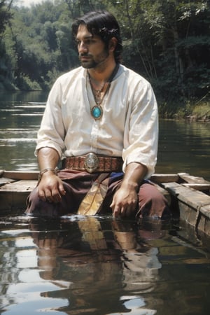 solo, shirt, black hair, 1boy, holding, jewelry, Sitting on a small raft, white shirt, male focus, belt, water, necklace, facial hair, watermark, instrument, tribal, native american