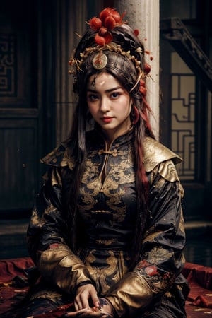 depth of field, vivid colors, photorealistic, RAW, 16K, Masterpiece, UHD, full body shot, sharp focus, professional, bokeh, splash-ink tai chi illustration, yin yang illustration, Chinese Wuxia (real sexy Dilraba Dilmurat), ponytail, dramatic angle, looking_at_viewer,(fluttered detailed ink splashs), (illustration),1 girl, long hair, Beautiful face, make up, blush, (rain:0.6),((expressionless ,Carmine hair ornament:1.4)),(There is a palace far away from the girl),chinese  clothes, focus on the girl, realistic oil painting, (Huaqing splashing),((colorful)),[sketch],best quality, beautifully painted,highly detailed,(denoising:0.7), splash, yin yang, tai chi, perfect hand, perfect fingers, beautiful eyes, xuer Ancient golden armor, Dual Sword,Weapon,renaissance,oil painting,Extremely Realistic,solo,beauty,Detailedface,Chinese beauty,1, xifu,nodf_lora