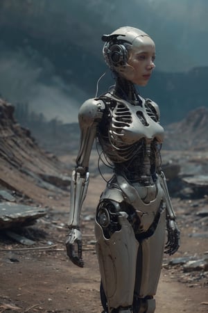 A highly realistic, horizontal photograph of a 2-meter tall organomachine creature on a barren, lifeless planet. The creature has a humanoid shape, with a robust biological core covered by a metallic exoskeleton. It has modular limbs that incorporate various robotic parts, including arms and legs with mechanical actuators and biological muscles. The head is protected by a metal helmet, featuring multiple bionic eyes and sensors. The skin is pale and partially covered by metal plates of various colors and textures. The creature is shown in a desolate, rocky landscape, scavenging for robotic parts and energy sources. The environment is harsh and devoid of life, emphasizing the advanced and adaptive nature of the organomachine. Ultra-detailed, 8k resolution, photorealistic, cinematic lighting, dramatic scene