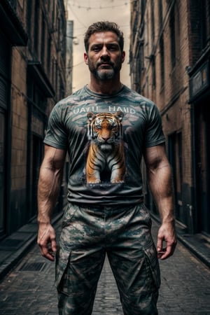 A surreal strong man with a beard, wearing a black t-shirt and military camouflage trousers, the t-shirt has a tiger pattern and "TIGER" printed on it, not too black, full of wisdom, casual clothes,  against the background of an army base, daytime,
Highly detailed textures, Shallow depth of field, vivid colors, hotorealistic, RAW, 16K, Masterpiece, UHD, full body shot, sharp focus, professional, bokeh, ultra realistic, top dramatic lights, dynamic shadows, hyper realistic,nodf_lora,masterpiece