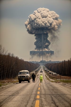 The scene after the Chernobyl nuclear disaster, a desolate landscape, is eerie, with the destroyed Chernobyl reactor in the background emitting ominous smoke and radiation. The foreground shows abandoned, decaying buildings and vehicles, with a group of scientists in protective suits surveying the ruins, and a white wildflower growing out of a crack in the damaged road, hinting at the resumption of life. The sky was a lifeless gray-green, adding to the feeling of radiation poisoning. The overall tone is eerie, emphasizing the catastrophic impact of the disaster.