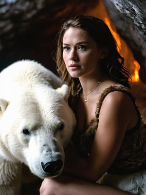 realism, film grain, candid camera, color graded film, eye spotlight, atmospheric lighting, skin pores, blemishes, nature, shallow depth of field, shallow depth of field draws focus to Jane, a 28-year-old,  In a cave on the snowy mountain wall, graceful and plump female barbarian warrior, was sitting on the ground wearing an animal hair top and short skirt. Jane petted a huge white polar bear. The wooden fire lit in the darkness reflected Jane's charming figure, but also faintly revealed her evil nature., FilmGirl, more detail XL, scenery, facial expression, score_9, art by sargent,Epic Caves,Devasted landscape 