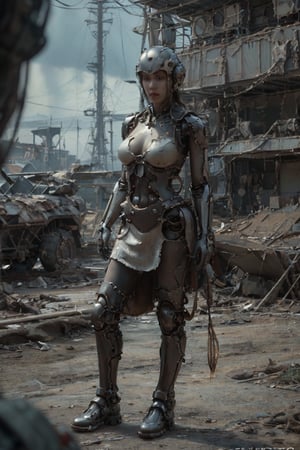 A cinematic photograph captures a majestic 2-meter tall organomachine creature standing amidst the desolate, rocky terrain of a barren planet. The humanoid figure boasts a robust biological core encased within a metallic exoskeleton, its modular limbs incorporating mechanical actuators and biological muscles. A metal helmet adorns the head, featuring multiple bionic eyes and sensors, while pale skin is partially covered by metal plates in various colors and textures. In this harsh environment devoid of life, the organomachine creature appears to be scavenging for robotic parts and energy sources. The 8K resolution photograph showcases ultra-detailed photorealism, with cinematic lighting accentuating the drama of the scene. The creature's athletic body shape and perfect proportions are highlighted, complete with notable features such as big breasts.,cutout dress,T-90M,BTR-80,Cyberpunk_Anime