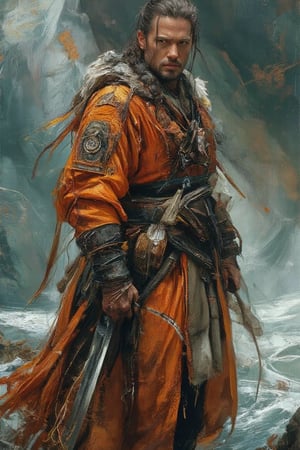 A majestic figure stands at the water's edge, beard flowing in the gentle breeze. Dark hair cascades down his back as he wears an ornate orange coat with a fur-lined hood, adorned with black gloves. His right hand grasps a large sword, while his left rests on its hilt. The man's right arm drapes over his left shoulder, contrasting with the serene surroundings. A kaleidoscope of green, blue, and white hues blend in the background, providing a striking backdrop for this enigmatic sailor.