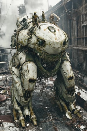  Full body shots, oblique angles, side view, close-ups, physically based rendering, portraits, ultra-fine paintings, extremely detailed descriptions, Kurosawa's film-style posters use full body shots. a detailed depiction of a complex mechanical structure resembling a futuristic battle mech. a vibrant white robot stands atop a gray surface. The robot's body is adorned with a variety of vibrant green, adorned with white accents. Two soldiers, dressed in green, are perched atop the robot's head, adding a pop of color to the otherwise monochromatic scene. The background amidsts a haze of smoke and ruinous buildings that stretch into the distance.