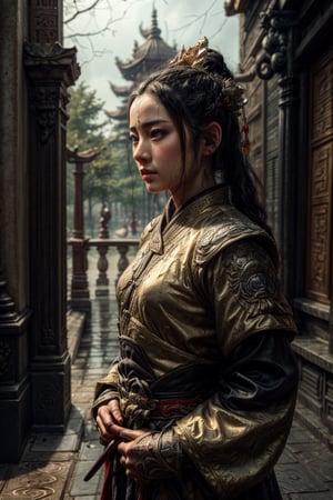 depth of field, vivid colors, photorealistic, RAW, 16K, Masterpiece, UHD, full body shot, sharp focus, professional, bokeh, splash-ink tai chi illustration, yin yang illustration, Chinese Wuxia (real sexy Dilraba Dilmurat), ponytail, dramatic angle, looking_at_viewer,(fluttered detailed ink splashs), (illustration),1 girl, long hair, Beautiful face, make up, blush, (rain:0.6),((expressionless ,Carmine hair ornament:1.4)),(There is a palace far away from the girl),chinese  clothes, focus on the girl, realistic oil painting, (Huaqing splashing),((colorful)),[sketch],best quality, beautifully painted,highly detailed,(denoising:0.7), splash, yin yang, tai chi, perfect hand, perfect fingers, beautiful eyes, xuer Ancient golden armor, Dual Sword,Weapon,renaissance,oil painting,Extremely Realistic
