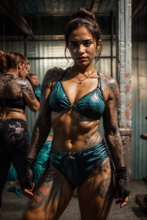 full body shot, A stunning Chun-Li, standing confidently in a well-lit martial arts studio. She wears a micro bikini with a matching blue vest, showcasing her toned physique. Her short, black hair is styled in two buns adorned with pearl earrings and subtle makeup accentuates her brown eyes. She poses in white athletic shoes and fingerless sparing gloves, exuding a sense of determination. The framing is tight, with the subject occupying the majority of the frame, drawing attention to her powerful presence, tattoo,nodf_lora