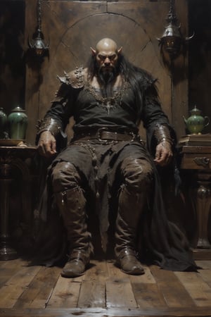 With 5 fingers on each hand, the orc from Dungeons and Dragons with big fangs, long flowing hair and black beard is posed for painting, the clear lines look, showing more of the human figure, normal proportions , his shirt and boots are made of wild leather, the whole body is visible in the painting, fantasy,