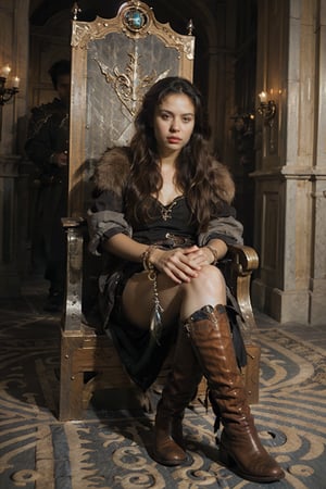 1girl, solo, long hair, looking at viewer, brown hair, jewelry, sitting, weapon, boots, sword, signature, holding weapon, armor, fur trim, holding sword, ring, realistic, throne