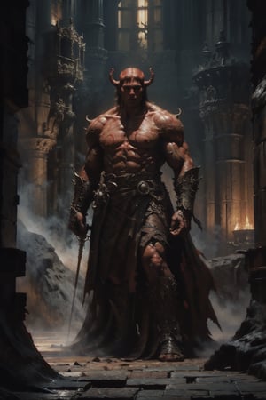 Full body photo, normal male body proportions, image of Hellboy, the boss of the hell world, holding a big sword tightly, standing in the front of a giant stone throne, dark bronze and red style, whole body red skin, wrinkles, tall, muscular, grotesque realism, Torch, Gothic Core, Dark Fantasy by Antonio J. Manzanedo, Full Body Shot, Detailed Armor, Weapons, Intricate Designs and Details, Hyper Detailed, Hyper Realistic, 4D Dimension, Ultra Detailed, Highest Detail Quality, Hyper Realistic, Photographic Lighting,