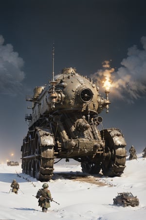 Jakub Rozalski's Historical Fantasy: In a snowy landscape, a massive, steam-powered automaton bears down on a group of soldiers, its gears and pistons lit by the eerie glow of dawn.