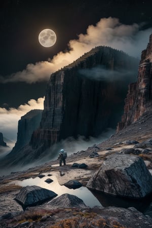 The image depicts a scene that appears to be from a science fiction setting. A figure in a space suit stands atop a jagged, rocky outcrop. The suit is detailed with various patches and connectors, suggesting a high level of technological advancement. The helmet has a reflective visor, concealing the astronaut's face. The background is shrouded in mist, with hints of mountains or cliffs, which adds to the sense of isolation and adventure. The color palette is muted, with grays and blacks dominating, which may imply a cold or desolate environment. There are no visible stars or sun, nor is there a clear indication of the time of day, leaving the lighting ambiguous.