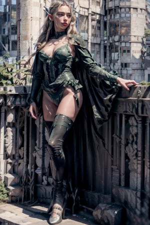 An elven paladin in a platemail bikini | Fierce pose | Standing on a cliff ledge overlooking a city | full body | Perfect face | Perfect Body, Elf, High angle, Comic book,m4rg0t