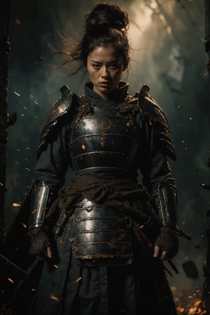Physical rendering, portraits, ultra-fine paintings, extremely detailed descriptions, Akira Kurosawa's movie-style posters, and full-body shots of a 28-year-old girl embody the samurai spirit of Japan's Warring States Period, with a mysterious female warrior wearing armor and waving a sparkling Seemingly bursting with wordless power, this striking depiction of the Katana Samurai depicts a ferocious and formidable female warrior in battle. The image demonstrates the intensity of the warrior woman's gaze and the intricate craftsmanship of the armor. Each intricately detailed depiction mesmerizes the viewer, immersing them in the extraordinary skill and artistry captured in this extraordinary piece, surreal, Vincent van Gogh style, FW Murano style, GALAXY full body armor , black smoke column, 135mm, detailed key vision, dark atmospheric effects, highly realistic epic ultra-wide-angle lens,