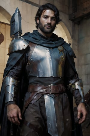 solo, looking at viewer, short hair, black hair, 1boy, standing, weapon, male focus, belt, sword, dark skin, cape, armor, facial hair, scar, sheath, beard, scar on face, brown gloves, sheathed, breastplate, chainmail