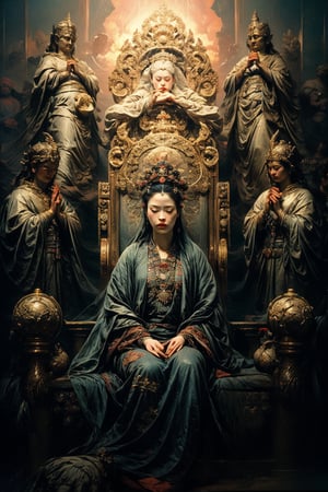 Each hand has 5 fingers, realism, film grain, candid camera, color graded film, eye spotlight, atmospheric lighting, skin pores, blemishes, nature, shallow depth of field, shallow depth of field draws focus to Chinese Empress Wu Zetian sits majestically on a majestic throne. In the background, subtly integrated into the design of the throne or as a ghost, is the silhouette or blurred image of a woman representing his daughter. They are portrayed as full of wisdom and influence, and their presence represents the power behind Wu Zetian's legendary status.,masterpiece,renaissance