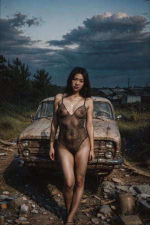 panoramic view, full body shot, realism, film grain, candid camera, color graded film, eye spotlight, atmospheric lighting, skin pores, blemishes, nature, shallow depth of field, shallow depth of field draws focus to a ravishing Korea girl sits astride a vintage Vincent Black Shadow motorcycle, porcelain complexion aglow under dim post-apocalyptic light. Cracked asphalt and rusted cars stretch like skeletal fingers amidst desolate backdrop of abandoned town. Wild foliage sprawls, reclaiming ruins. Her piercing gaze pierces through dark clouds, delicate intricacy on her features. Close-up shot frames face, super-wide angle captures ravaged landscape's cluttered maximalism, realistic, sexbodysuit,masterpiece,watercolor