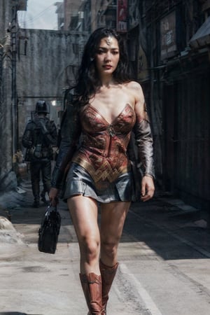 a masterpiece, supergirl/wonderwoman from dc comic wearing alternate yellow costume, coy and alluring, full body, make up, blush, perfect body proportions, athletic body shape, big breasts,  freedom, soul, cyberpunk, perfect anatomy, centered, approaching perfection, dynamic, highly detailed, concept art, smooth, sharp focus, unique, award winning, taiwan road