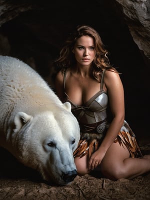 full body shot, Each hand has 5 fingers, realism, film grain, candid camera, color graded film, eye spotlight, atmospheric lighting, skin pores, blemishes, nature, shallow depth of field, shallow depth of field draws focus to Jane, a 28-year-old,  In a cave on the snowy mountain wall, graceful and plump female barbarian warrior, was sitting on the ground wearing an animal hair top and short skirt. Jane petted a huge white polar bear. The wooden fire lit in the darkness reflected Jane's charming figure, but also faintly revealed her evil nature., FilmGirl, more detail XL, scenery, facial expression, score_9, art by sargent,Epic Caves,Devasted landscape 