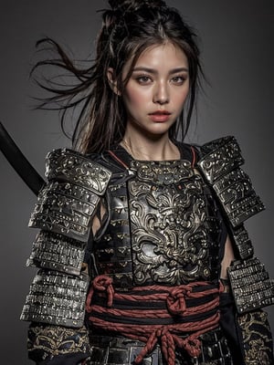 Akira Kurosawa's movie-style poster features a full-body shot of a 28-year-old girl, embodying the samurai spirit of Japan's Warring States Period, An enigmatic female samurai warrior, clad in ornate armor and wielding a gleaming katana, This striking depiction, seemingly bursting with unspoken power, illustrates a fierce and formidable female warrior in the midst of battle, The image showcases the intensity of the female samurai's gaze and the intricate craftsmanship of his armor, Each intricately depicted detail mesmerizes the viewer, immersing them in the extraordinary skill and artistry captured in this remarkable piece, realistic, nodf_lora, masterpiece, Samurai girl, 