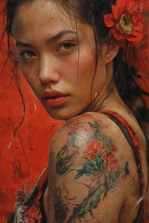 Colorful Japanese retro poster, a beautiful young woman covered in tattoos with dark hair and a fully tattooed body, print on canvas, in the style of Wu Guanzhong, a colorful ink painting with high levels of detail, set against a red background., realistic.. , v-ray, Rule of Thirds , 16k, produced by Magnum,