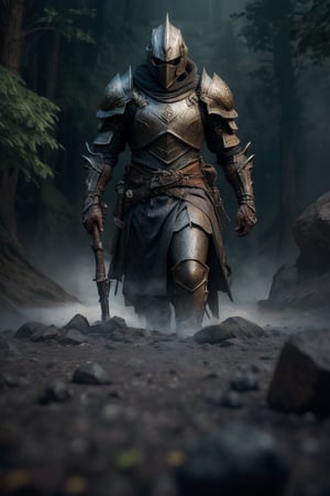 In stills from the film, a towering knight stands in the middle of an epic, chaotic battle as magic swirls around him. The knight's armor is exquisitely inlaid with the golden Celtic Tree of Life, look at view, blended with dark blood magic. The shiny black sword is inserted vertically into the rock on the ground, as if taking root. The knight holds the hilt of the sword with both hands, trying to pull out the Black sword. The knight looks directly at the audience, his dark and shiny helmet reflecting the mysterious and ancient atmosphere around him, and the background is filled with fierce conflicts and black fog. The shallow depth of field outlines the knight's beautiful silhouette movements, and the film has a grainy feel.,oil painting