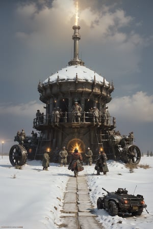 Jakub Rozalski's Historical Fantasy: In a snowy landscape, a massive, steam-powered automaton bears down on a group of soldiers, its gears and pistons lit by the eerie glow of dawn.