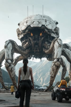 A woman stands in front of a giant armed robot. The armed robot wears white armor and looks like a mechanical crab. It has six crab legs and a pair of large claws. Its huge body is like a hill. The woman was wearing black military pants and a white sleeveless undershirt and was holding a backpack in her left hand. She faced the robot, right hand on her hip. In the background, a man wearing a yellow shirt and orange vest sits on a four-wheeler. To the right of the woman, a group of people were standing on the ground. The scene is set against a backdrop of mountains. The sky is light blue, and a few white birds are flying in the sky.