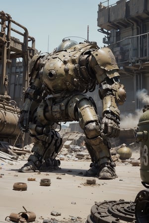 Image features a detailed, weathered, and heavily armored mech suit with a rugged, industrial design. The suit is predominantly a worn, olive-green color with visible rust and wear, giving it a battle-hardened appearance. It has a bulky, rounded structure with various mechanical components, including a large, cylindrical backpack, multiple exhaust pipes, and a prominent chest plate. The front of the suit displays white stenciled markings, including the characters 'AZ' and other symbols. The suit's surface is textured with scratches and dents, adding to its realistic, used look. The background is a plain, solid beige color, which contrasts with the intricate details of the mech suit.