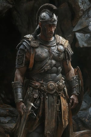 full body shot, a statue of a Rome warrior stands in a cave. The statue is adorned with a helmet, a shield, and a sword. The viking's head, adorned with horns, is prominently featured in the center of the frame. Its body is covered in muscles, and its arms and legs are draped across its body. Its arms are draped over its chest, adding a touch of balance to the scene. The background is dark, creating a stark contrast to the statue.